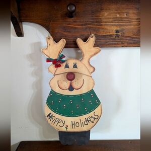 Festive Wooden Reindeer Happy Holidays Hanging Decor Vintage Rustic Christmas